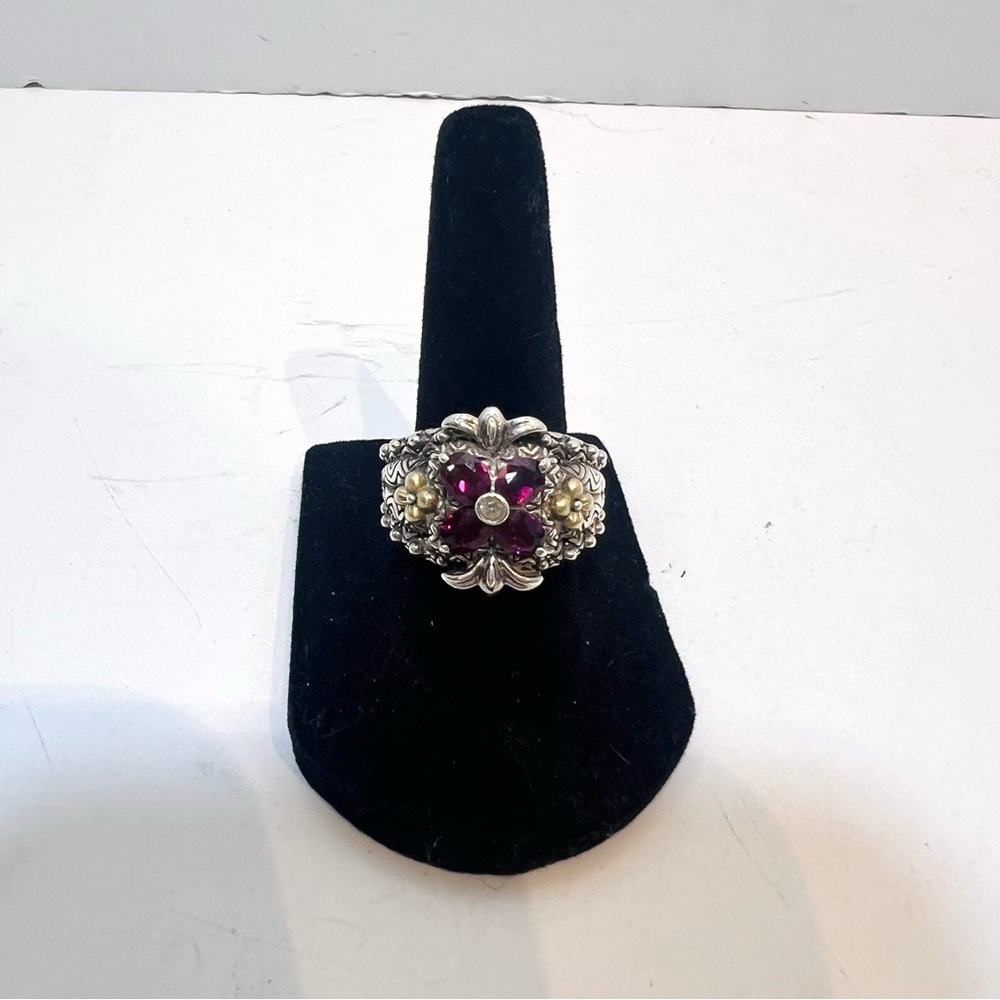 Barbara Bixby Sterling Silver & 18K Rhodolite Garnet & White Topaz Ring Size 6